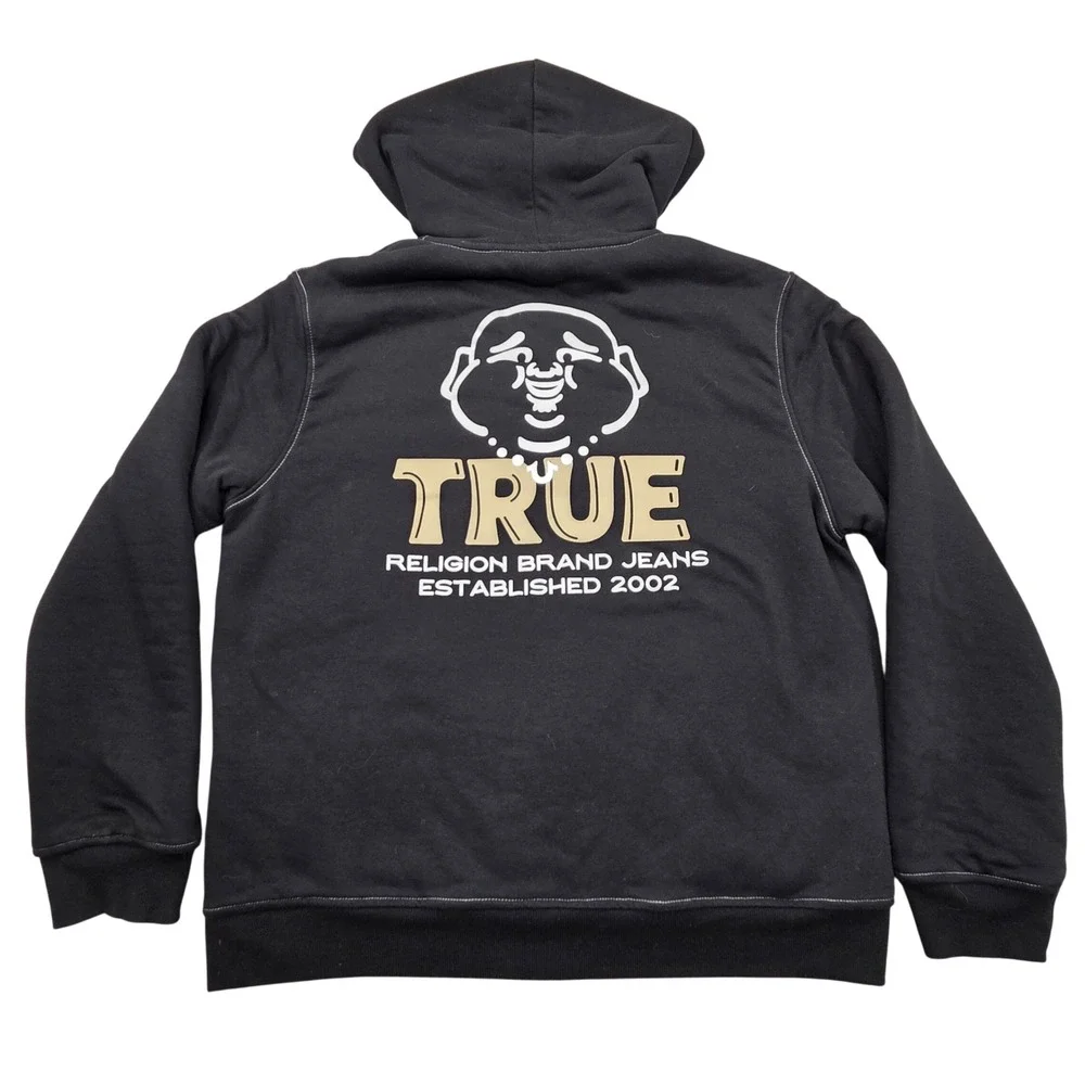 True Religion Black Sherpa Lined Zip Hoodie Buddha Logo Size Mens Large
